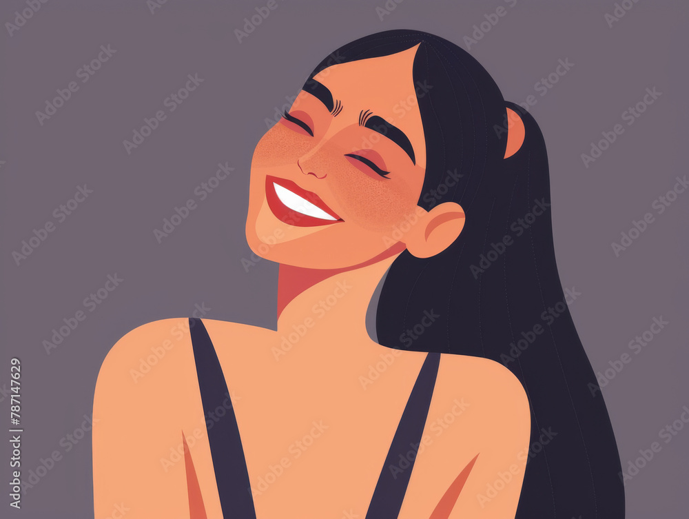 A stylized illustration of a happy woman with a wide smile, dark hair, and a minimalist background. A stylized illustration of a happy woman with a wide smile, dark hair, and a minimalist background.