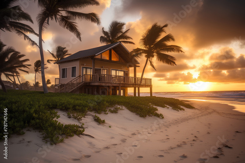 House on the island, wind, palms bending to the seaside. Sunset color sky.