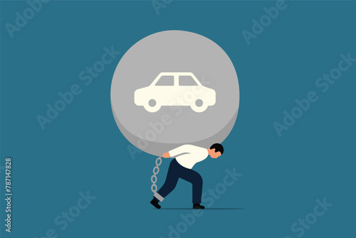 Mortgage Debt or Car Loan Concept. Businessman Carrying His House. Businessman Carrying Iron Ball Symbolizing Car Debt. Vector Illustration.