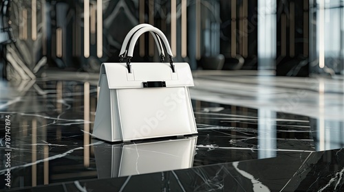 Designer glossy white handbag on a black polished stone counter