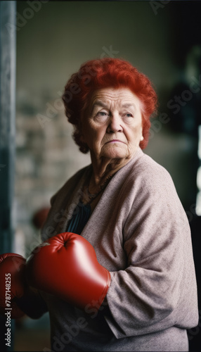 Boxer Elderly Woman with Stern Look and Red Hair © Mikalai