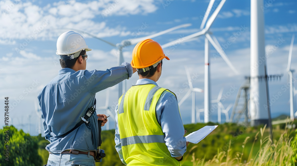 Rear view of engineer pointing at wind turbine with maintenance technician in wind farm Copy space : Generative AI Rear view of engineer pointing at wind turbine with maintenance technician in wind farm Copy space : Generative AI