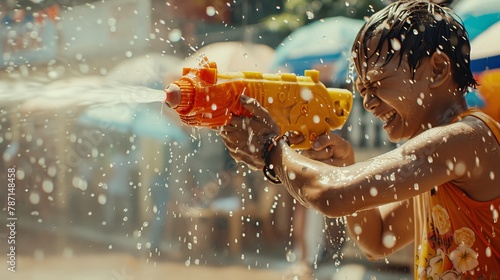 A man is playing with a water gun, spraying water at another person photo
