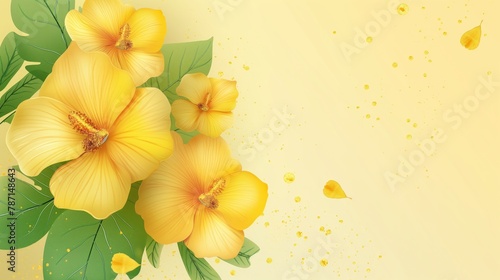 Bright yellow flowers on a copyspace background with green leaves as kerala festival concept with vishu kani holiday floral theme