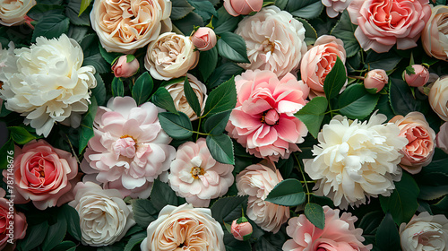 A floral pattern of peonies and roses with green leaves background, generative Ai photo