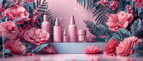 Display of mock up cosmetics products with backdrop of pink flowers