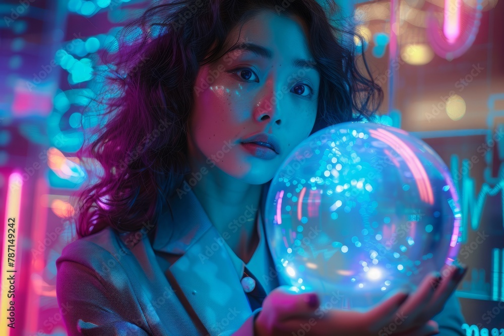 Naklejka premium A woman is holding a glowing ball in her hand