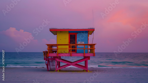 Lifeguard hut on the beach in Miami Florida colorful hut on the beach during sunrise Miami South Beach Sunny day on the beach : Generative AI © Generative AI