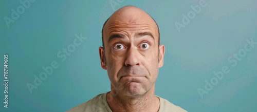 A sad middle-aged man with baldness on blue background. Banner template for scalp hair restoration products and procedures.