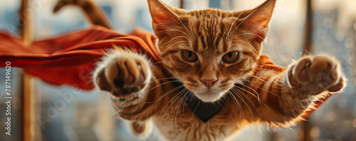 An orange tabby leaps as a superhero with mask, copy space. 