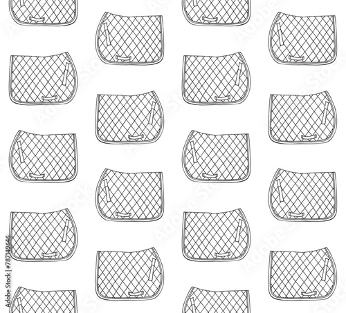 Vector seamless pattern of hand drawn doodle sketch outline horse equestrian saddle pad isolated on white background