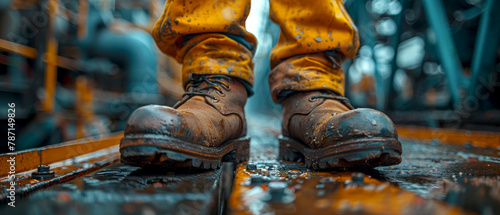 Close up man in yellow dirty boots standing in a wet area into a factory