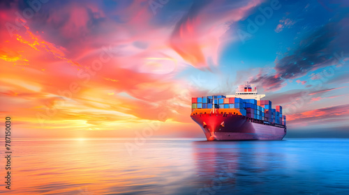 Container cargo ship in the ocean at sunset blue sky background with copy space Nautical vessel and sea freight shipping International global business logistics transportation import e : Generative AI