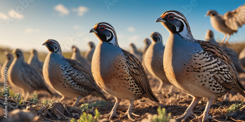 A Covey of Quail Stand in a Dirt Field. A group of quail, also known as a covey, stand on a dirt field with dry grass and scattered rocks. photo