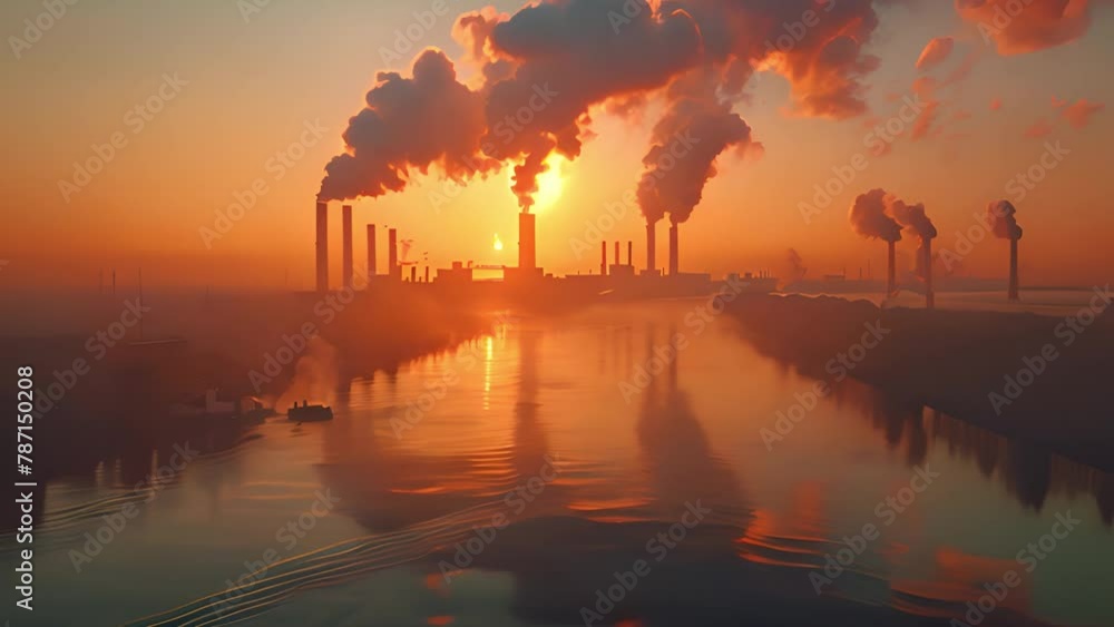 Sun sets, factory smokestacks emit pollutants, contrasting industrial landscape with natural sunset beauty. Sun sets, factory smokestacks emit pollutants, contrasting industrial landscape with natural sunset beauty.