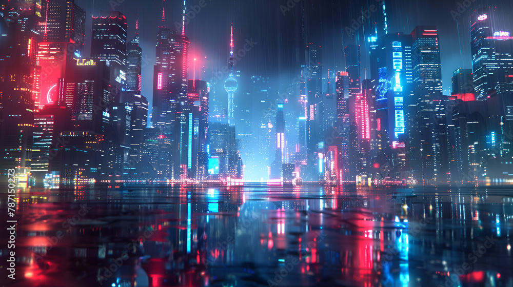 Futuristic hologram city in cyberpunk theme color in merket, generative Ai