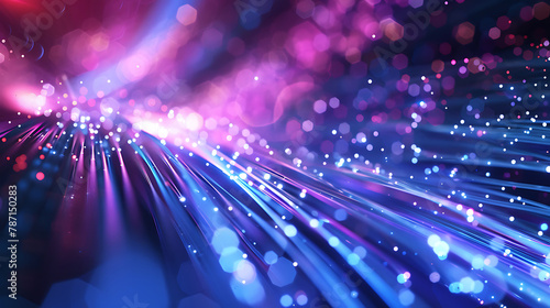Abstract futuristic image of an optical fiber with blue and purple fibers creating depth and perspective, with light rays and lights creating a modern technological effect. photo