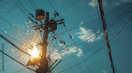 A man is working on a power line