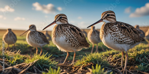 A Group of Common Snipes Huddle in Short Grass.  A group of common snipes huddle together in a field of short grass. Their long beaks probe the ground for worms and insects. photo
