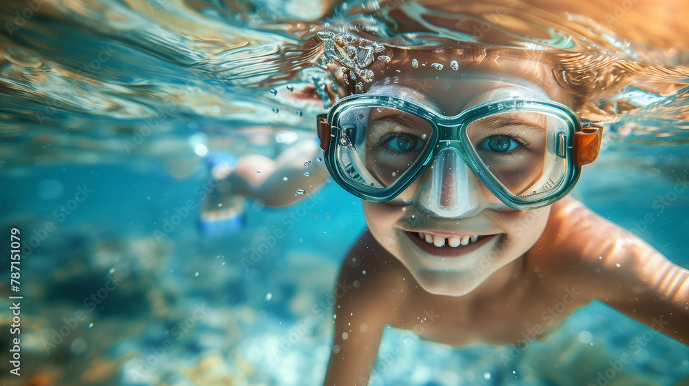 Naklejka premium Smiling child snorkeling underwater with diving mask, sea exploration portrait.