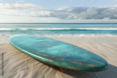 A sleek and stylish surfboard resting on the sandy beach  embodying the spirit of adventure and freedom in ocean sports and coastal lifestyle.