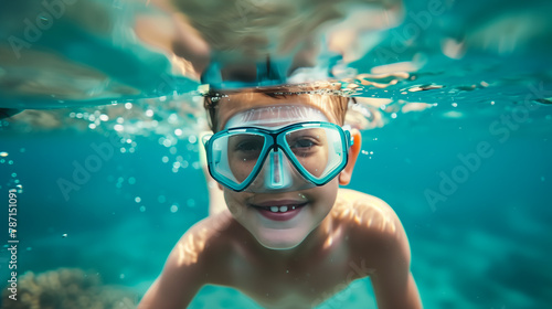 Smiling child snorkeling underwater with diving mask, sea exploration portrait. © Creator