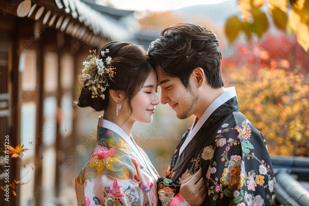 Couple in traditional korean attire sharing tender moment Couple in traditional korean attire sharing tender moment