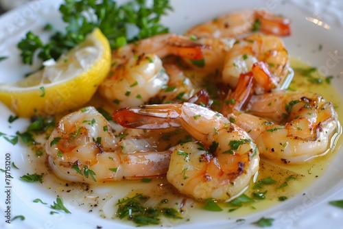 Shrimp scampi with butter, garlic and white wine on a plate