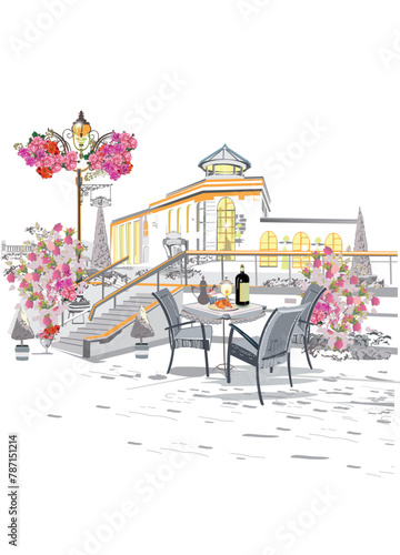 Series of vintage backgrounds decorated with flowers, retro cars and old city views. Hand drawn illustration.
