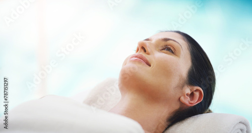 Wallpaper Mural Skincare, salon and woman relax at spa for massage, facial treatment and luxury pamper. Aesthetic, dermatology and happy person on bed at resort for wellness, cosmetics beauty service and therapy Torontodigital.ca