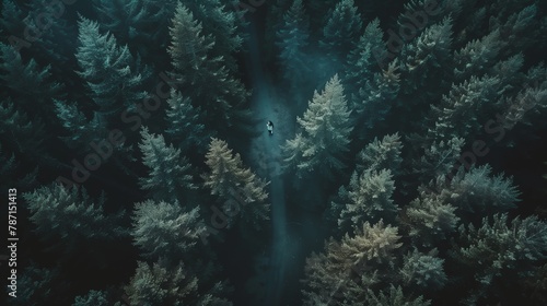 top-down view of a tranquil dark and green textured forest landscape