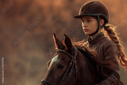 A young girl elegantly rides a horse in an equestrian sports setting, showcasing her riding skills and the bond between horse and rider in a serene outdoor environment. © River Girl