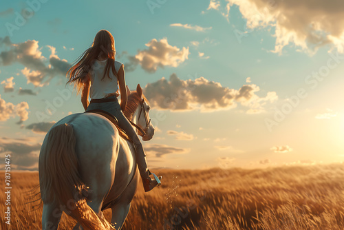 A young girl elegantly rides a horse in an equestrian sports setting, showcasing her riding skills and the bond between horse and rider in a serene outdoor environment.