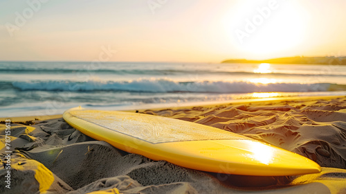 Yellow surfboard on sandy beach with scenic view of seascape against clear sky in the background Copy space unaltered water sports nature sunlight sunset and holiday concept : Generative AI © Generative AI