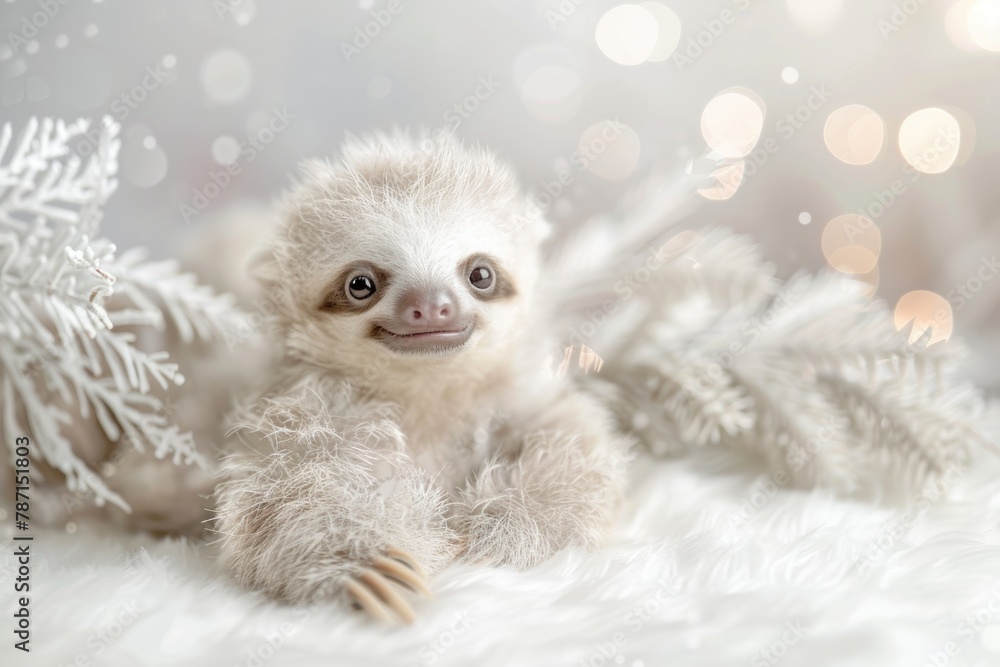 Fototapeta premium An adorable baby sloth blissfully asleep on a soft faux fur surface