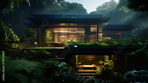 Tropical Paradise: Modern Glass House Nestled in Overgrown Jungle photo