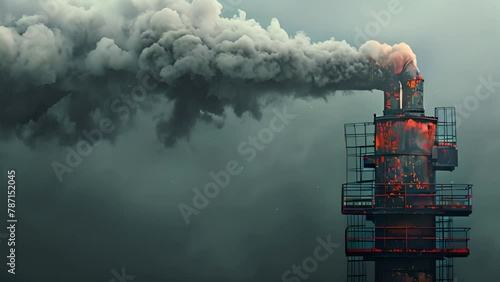 Smokestack releases emissions from industrial building, grey smoke contrasts against sky as it rises vertically photo