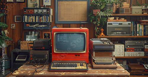 Vintage red computer monitor on desk in front of a cluttered bookshelf