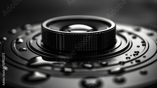 monochromatic close-up of camera lens with water droplets on dark background