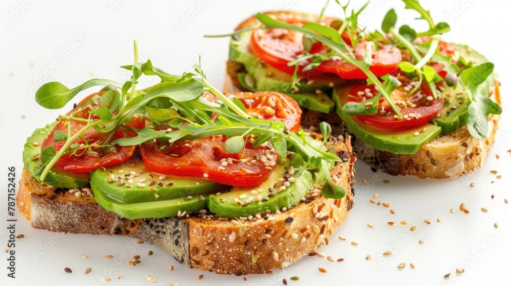 Healthy vegetarian avocado toast with fresh vegetables on white background Ideal for breakfast and vegetarian diet
