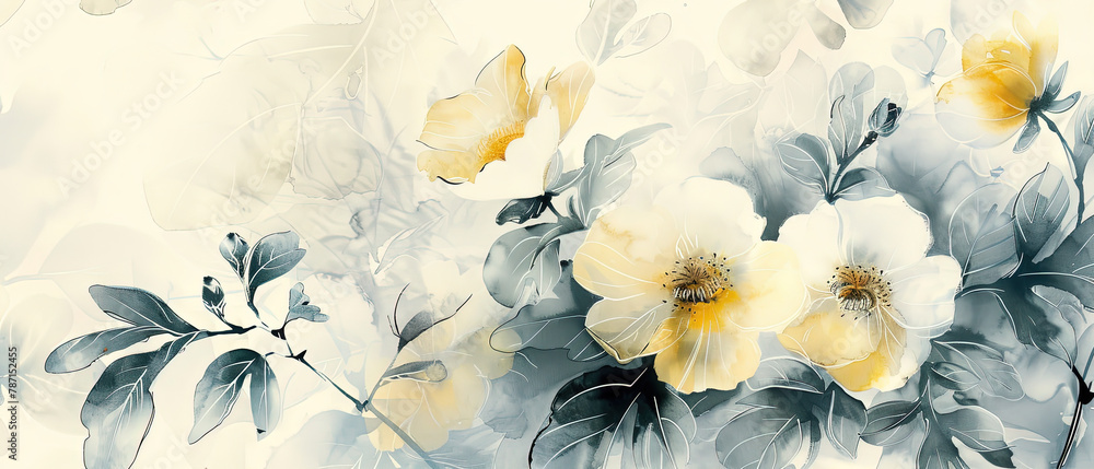 a painting of flowers with yellow and white petals