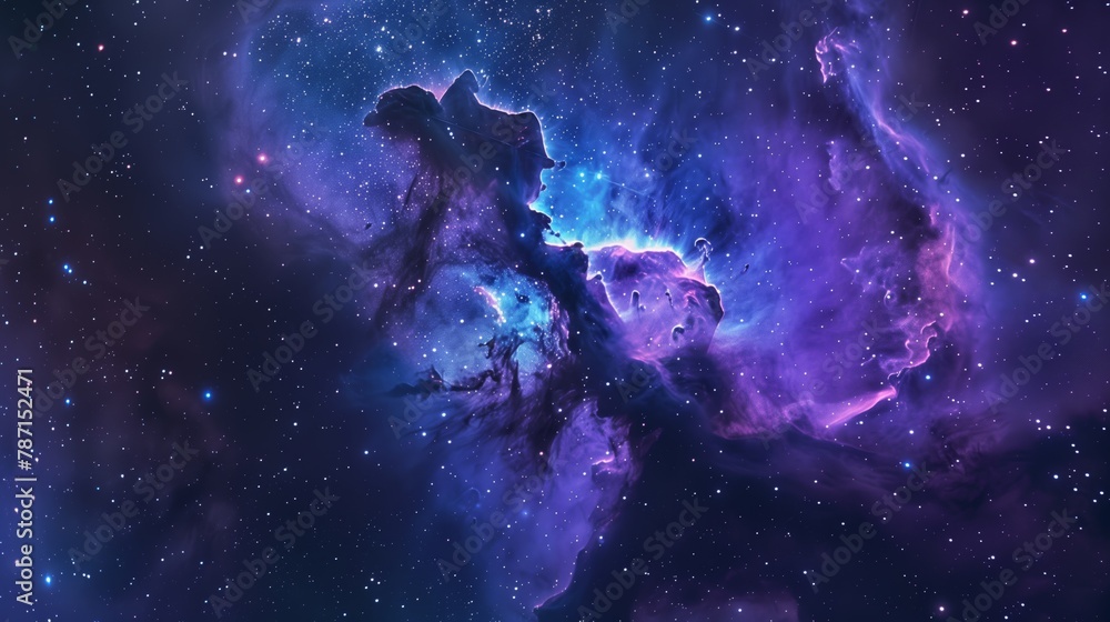 interstellar clouds and dust illuminated in a deep blue and purple galaxy