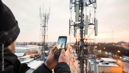 Person capturing a cell tower with a smartphone during sunset, highlighting the concept of wireless communication and connectivity. photo