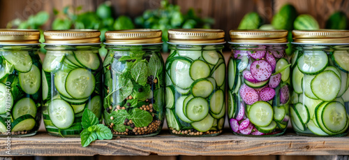 A row of jars filled with pickled cucumbers and other vegetables