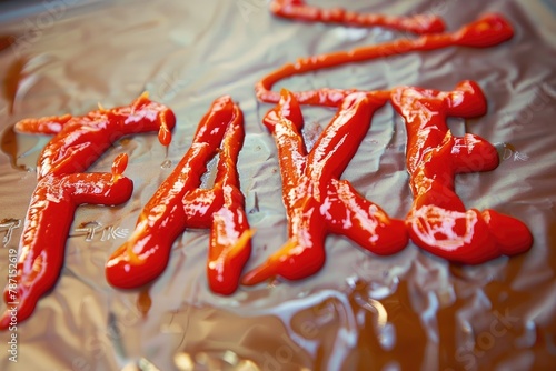 The word 'FAKE' is styled provocatively in ketchup photo