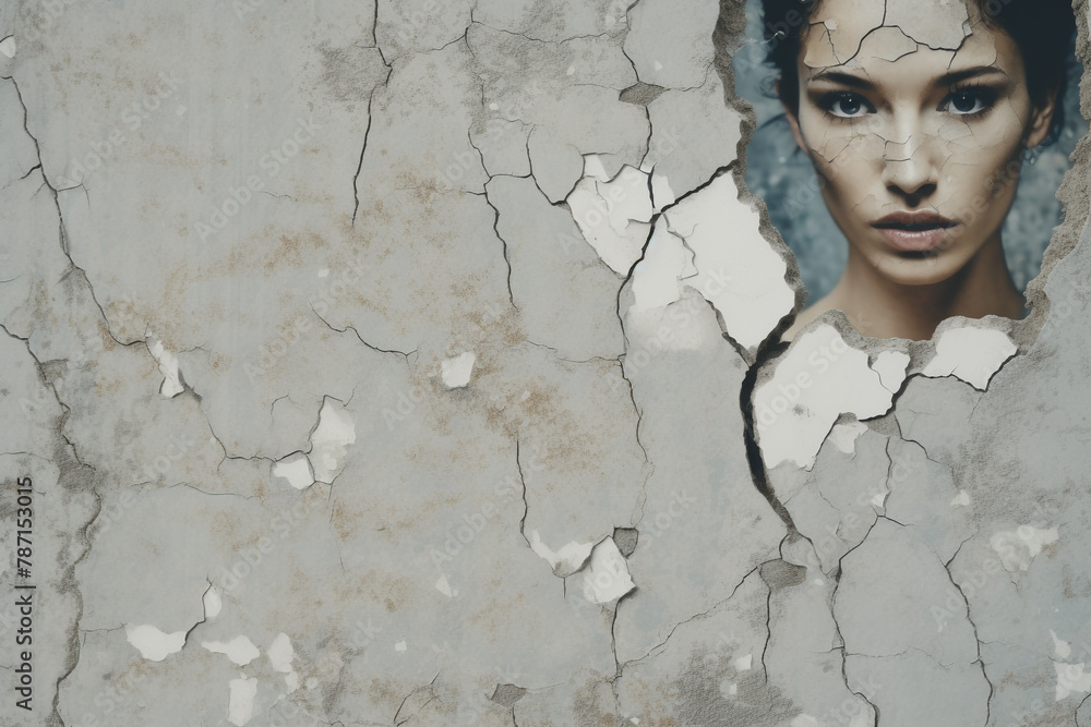A female face peers through a textured, peeling wall, evoking intrigue - obrazy, fototapety, plakaty 