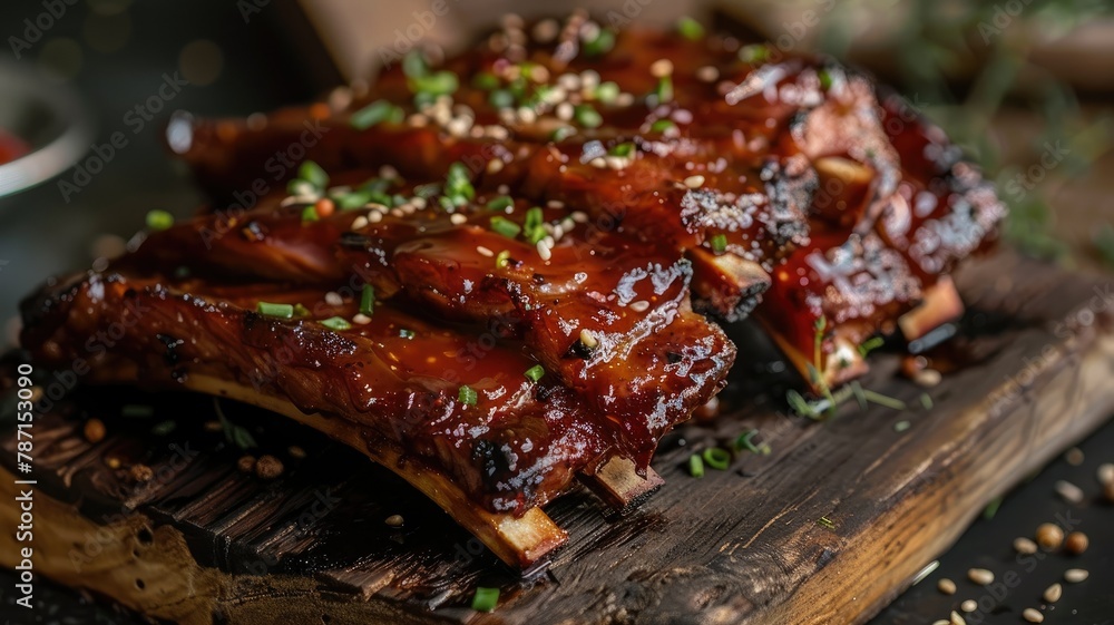 Mouthwatering Grilled Pork Ribs with Savory Barbecue Glaze and Garnishes on Wooden Platter