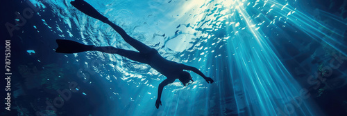 Minimalist Underwater Swimming Wallpaper with Swimmer Gliding Through Serene Blue Waters