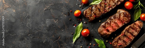Mouthwatering Grilled Steak Dish with Fresh Tomatoes and Herbs on Rustic Wooden Background