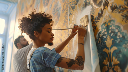Woman applying glue onto wallpaper 